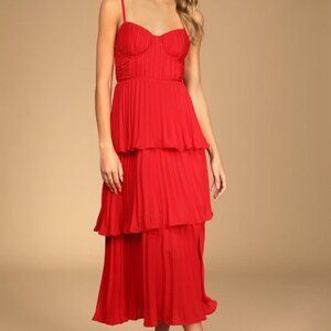 Cascading Crush Red Tiered Bustier Midi Dress